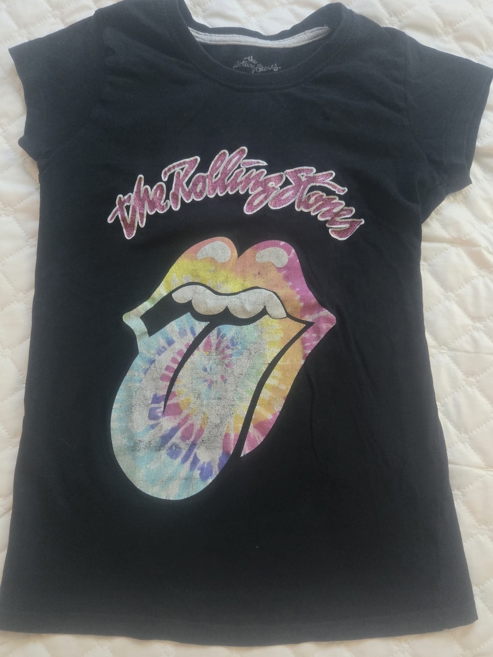 The Rolling Stones Black Tee with Multicolor Tie-Dye Tongue Graphic